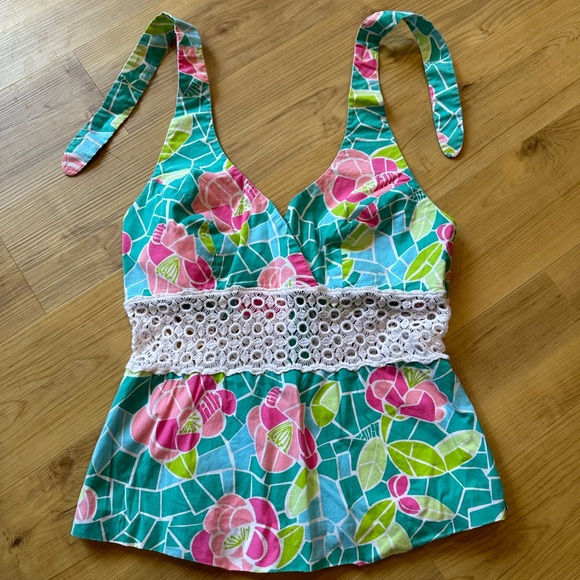 EUC Lilly Pulitzer Vintage Mosaic Crochet Halter Top - Picture 3 of 8